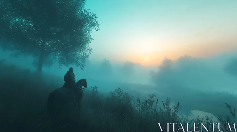 Lone Rider in Foggy Landscape AI Image