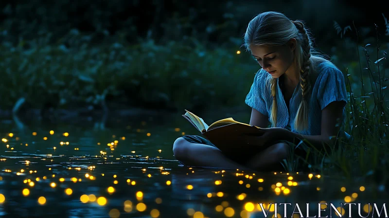 AI ART Woman Reading with Fireflies