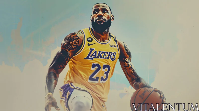 LeBron James Action Shot in Lakers Uniform AI Image