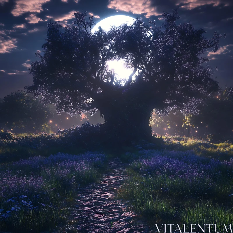 AI ART Moonlit Tree Path