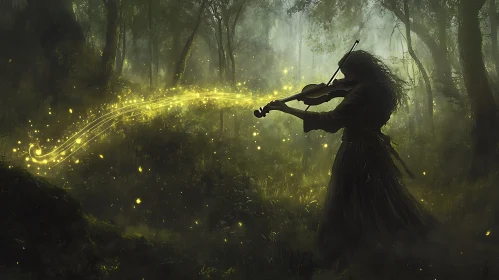 Mystical Violinist in Woodland Scene