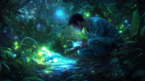 Futuristic Jungle Doctor and Bioluminescent Creature