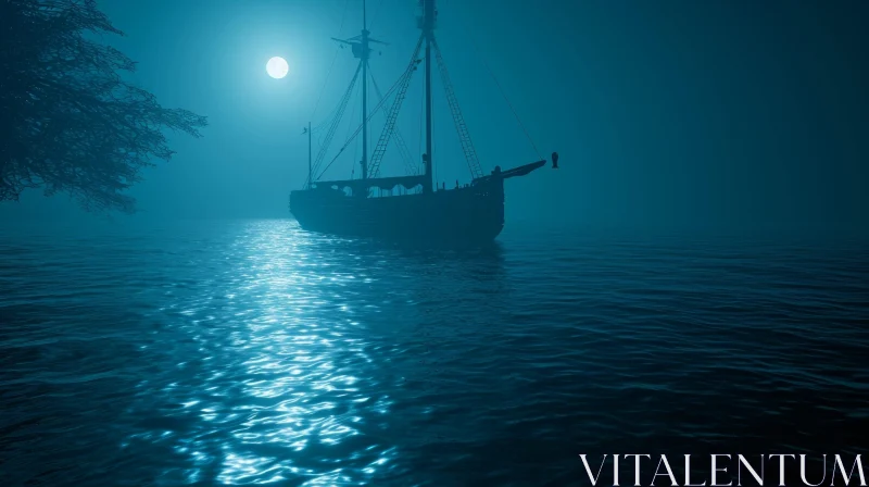 Dark Blue Sea at Night with a Sailing Ship and Moonlight AI Image