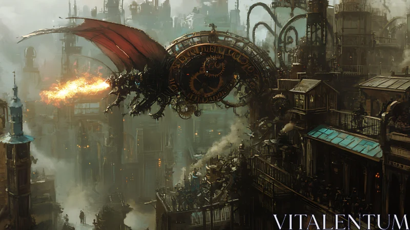 AI ART Clockwork Dragon in Steampunk Metropolis