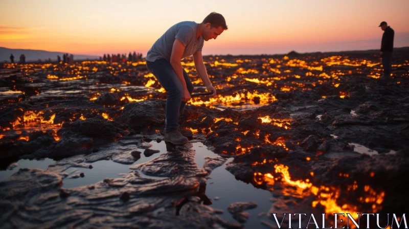 Enigmatic Person on Lava Field with Captivating Fire | Canon EOS 5D Mark IV AI Image