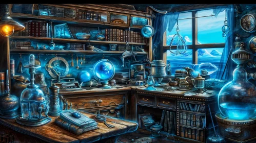 Enigmatic Wizard's Study Painting: Books, Globe, and Frozen Landscape