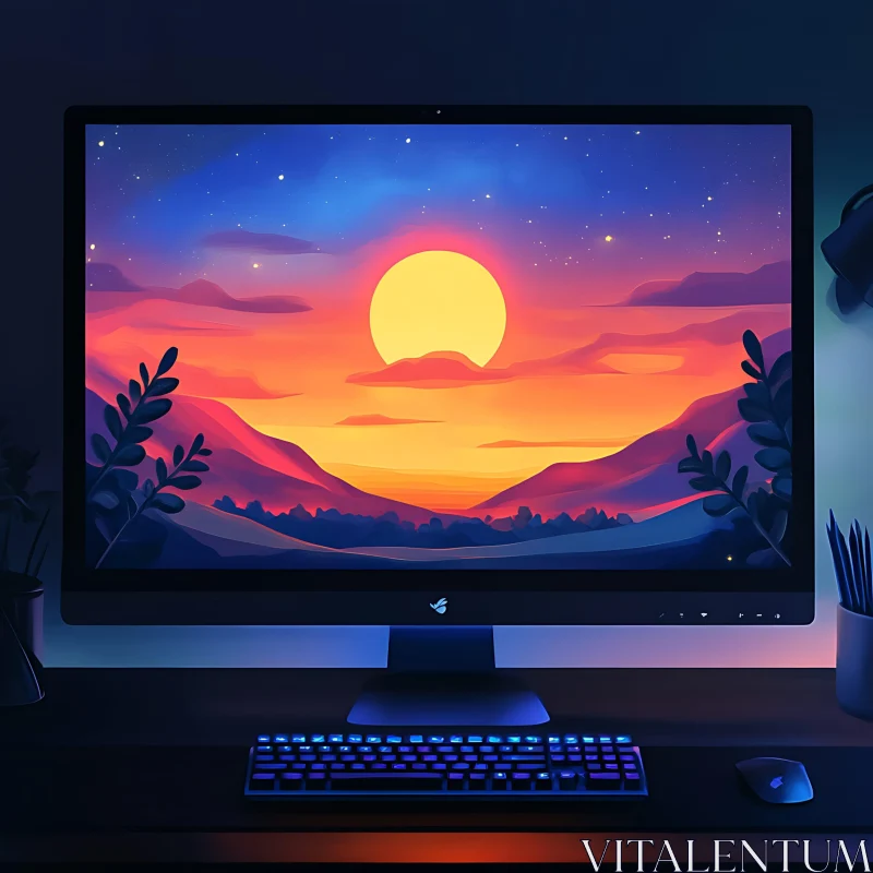 Digital Art of Sunset on Screen AI Image