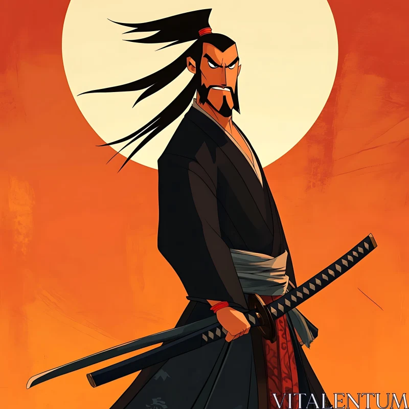 Samurai Warrior with Swords in Sunset AI Image