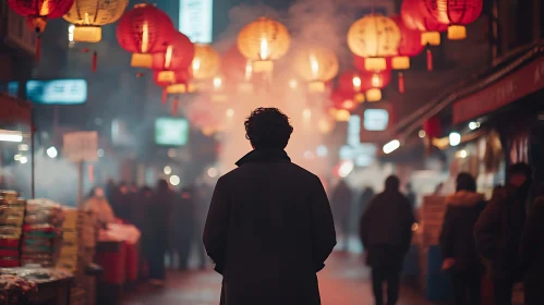 Man Walking on City Street with Lanterns