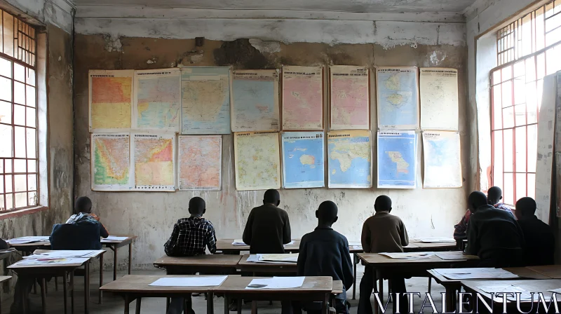 Students in Classroom with World Maps AI Image