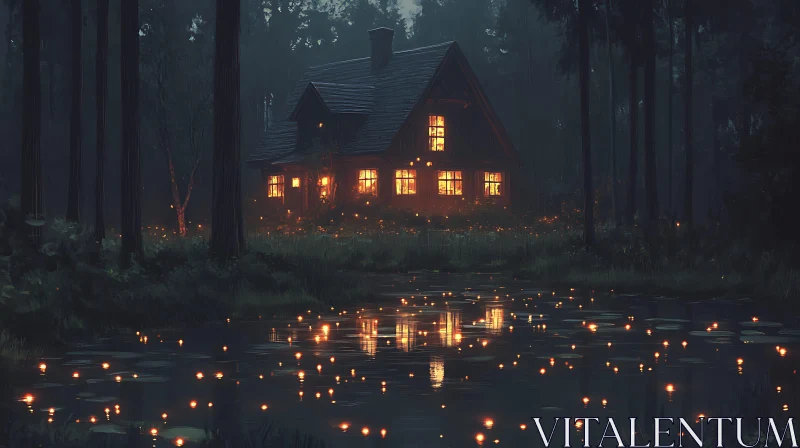 Night Cabin by the Pond AI Image