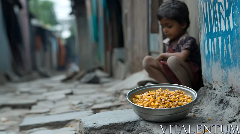 Child's Contemplation with Food AI Image