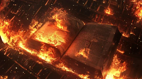 Inferno Consuming an Open Book in a Fiery Library