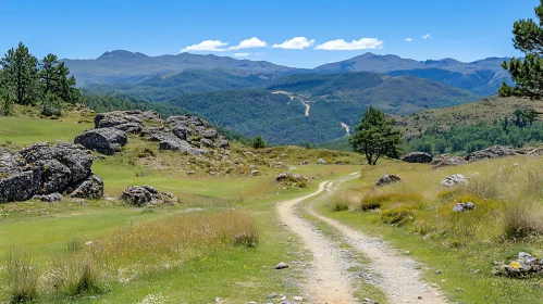 Winding Path through Rocky Hills and Greenery