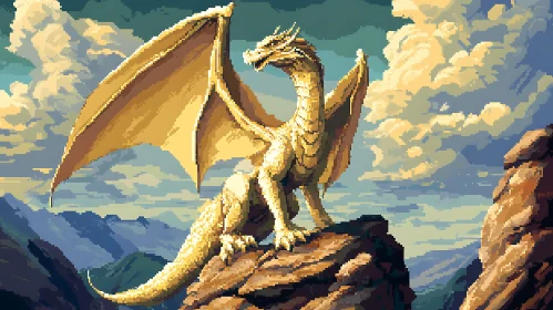 Pixelated Golden Dragon on Mountain Peak