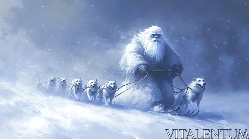 AI ART Snowy Expedition with Yeti and Dogs