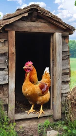 Chicken at Rustic Farm Coop Entrance