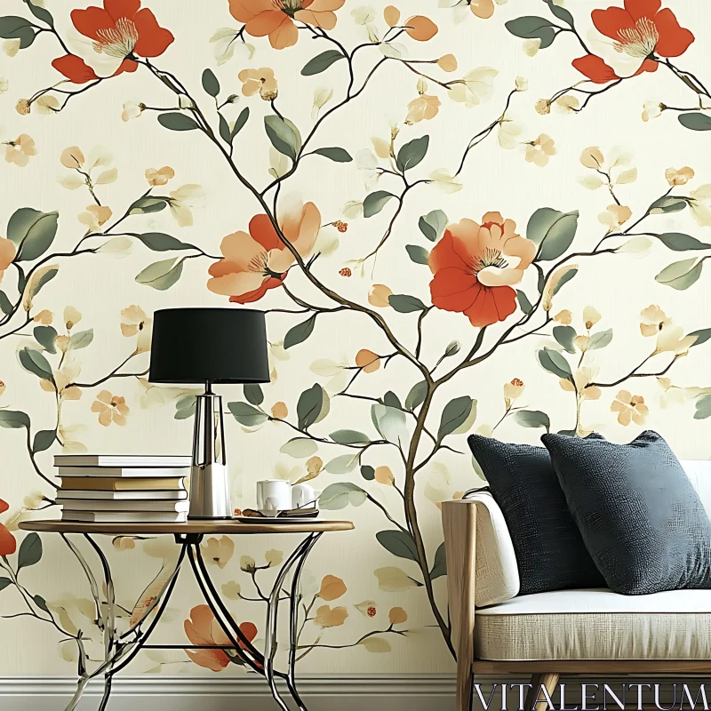 Sophisticated Living Room with Floral Patterns AI Image