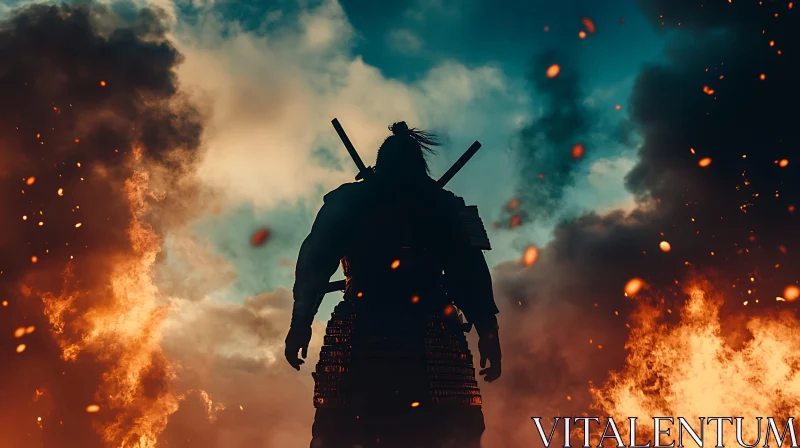 AI ART Silhouette of a Samurai in Fiery Landscape