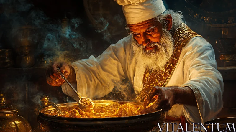 Chef Preparing a Golden Dish AI Image