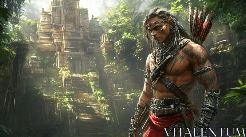 AI ART Tribal Warrior and Ancient Ruins