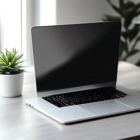 Sleek Laptop Display on Wooden Desk with Green Plant
