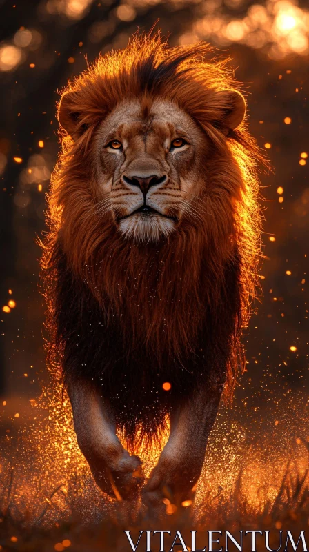 Regal Lion Walking Through Sunlit Forest AI Image