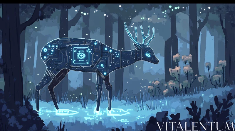 Futuristic Forest with Bioluminescent Cyborg Deer AI Image