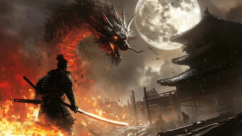 Warrior Facing Dragon in Burning City