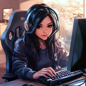 Focused Female Gamer in Anime Style