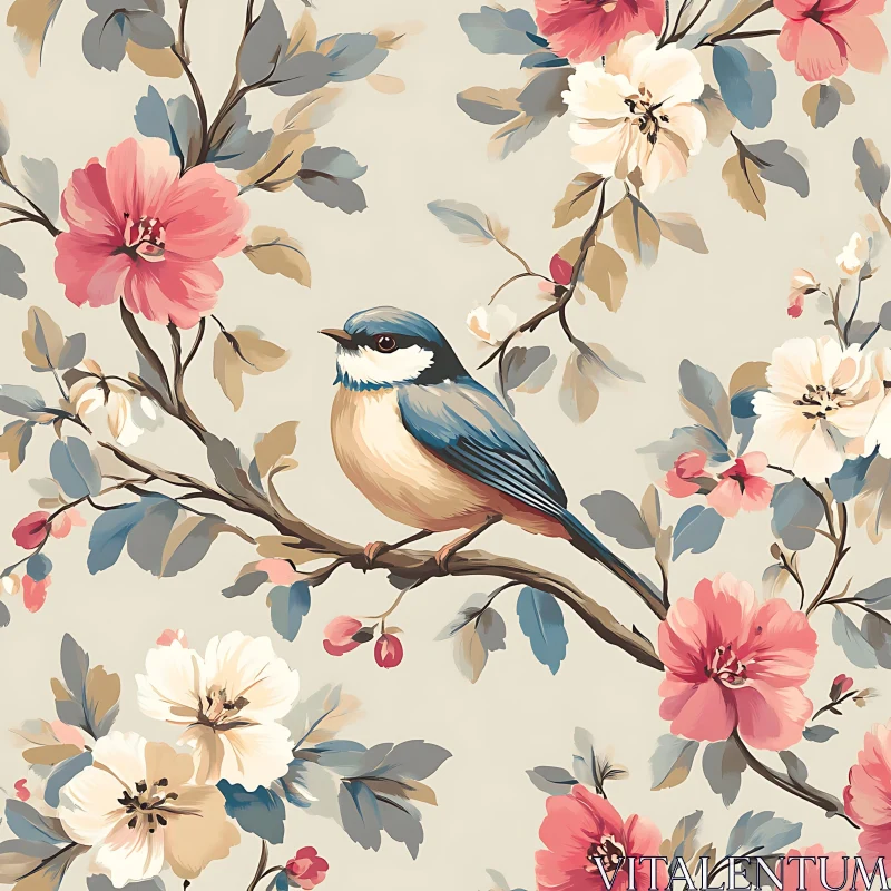 Vintage Bird and Floral Pattern Image AI Image