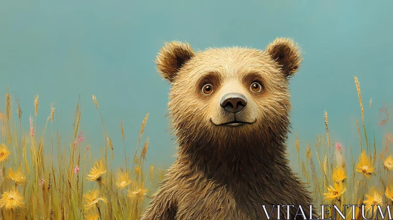 Bear Portrait Amidst Wildflowers AI Image