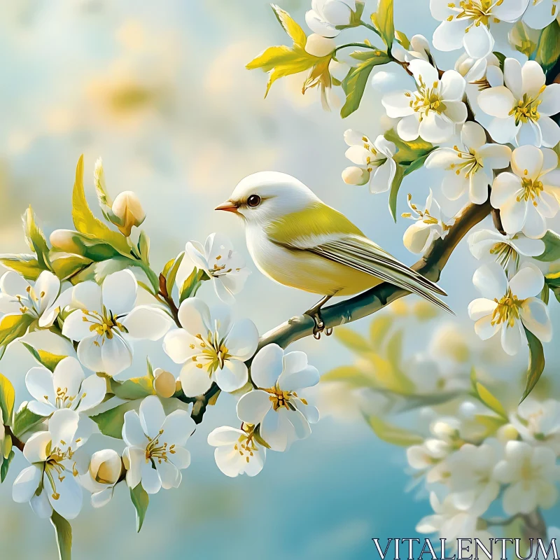 Spring Bird Among White Blossoms AI Image