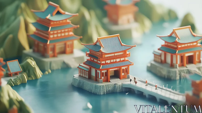 AI ART Serene Miniature Asian Buildings Landscape