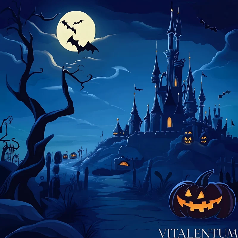 Halloween Night with Castle and Pumpkin AI Image