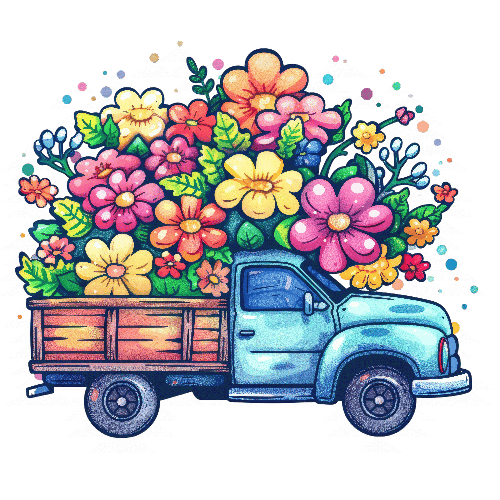 Floral Decorated Blue Truck with Geometric Background POD Design