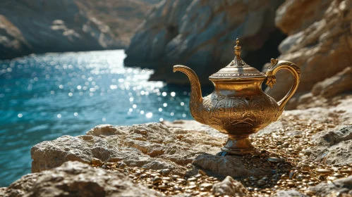 Golden Magic Lamp on Rocky Surface with Seascape Background
