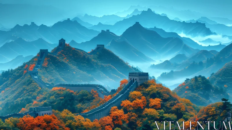 Great Wall of China Wallpaper - Dreamy Landscape in Orange and Cyan AI Image