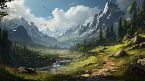 Stylized Mountain Valley - Detailed and Realistic Landscape Artwork