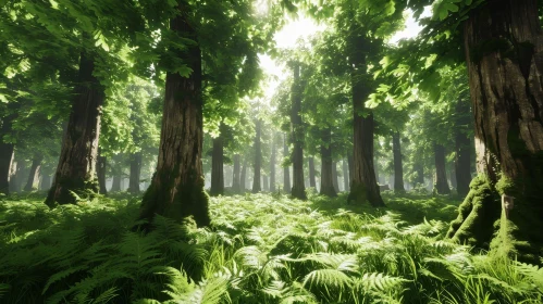 Tranquil Forest Scene with Tall Trees and Dappled Sunlight
