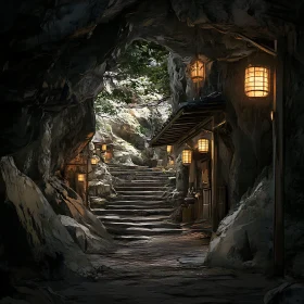 Stone Path Through Cave with Lit Lanterns