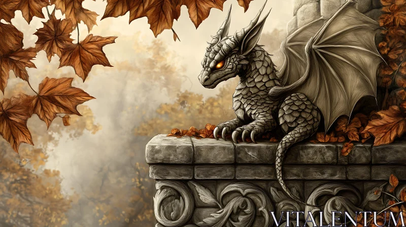 Dragon on Ledge with Autumn Leaves AI Image