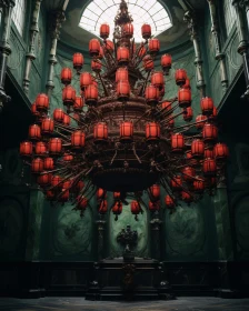 Red Lamps Chandelier in Green Hall