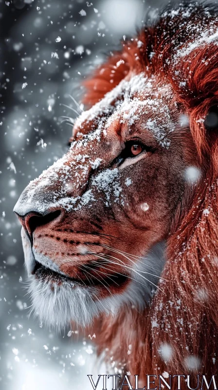 Lion Amidst Snowflakes AI Image