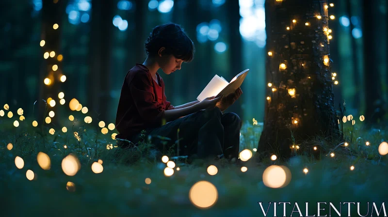 Child Reading in Enchanted Forest AI Image