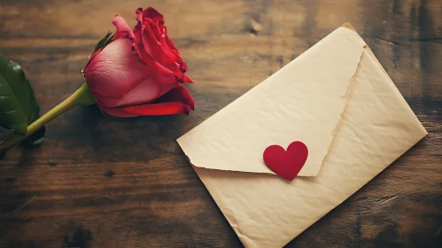 Rose and Heart Envelope on Wood