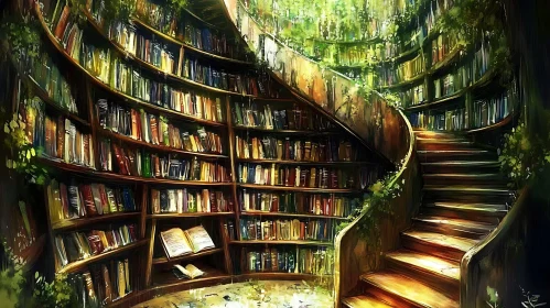 Enchanted Library Interior with Curved Bookshelves