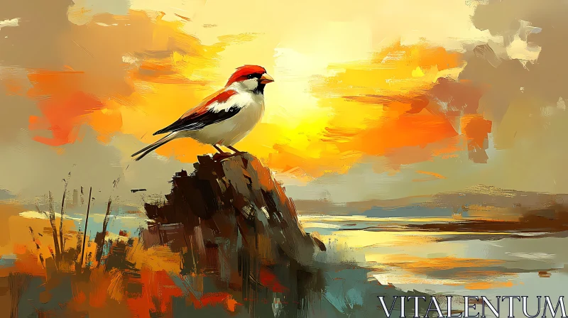 Bird at Sunset on Rocky Terrain AI Image