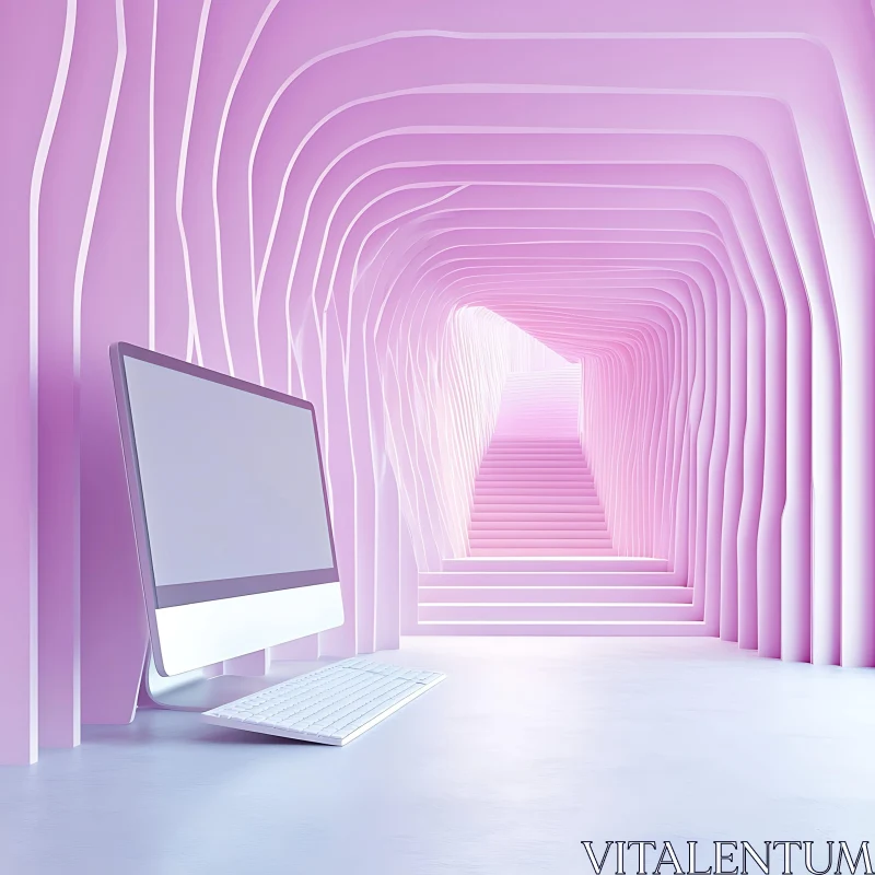 Minimalist Pink Tunnel with Modern Computer Setup AI Image