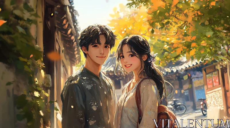 AI ART Youthful Anime Couple in Autumn Setting